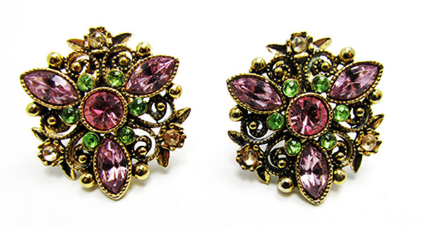 Signed Avon Vintage 1970s Multi-Colored Rhinestone Floral Earrings - Front