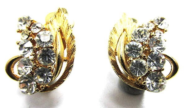 Lisner Vintage 1950s Designer Clear Rhinestone Floral Gold Earrings - Front