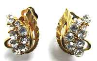 Lisner Vintage 1950s Designer Clear Rhinestone Floral Gold Earrings - Front - Thumbnail