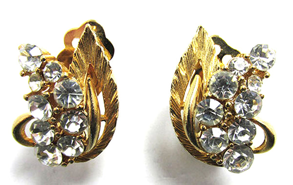 Lisner Vintage 1950s Designer Clear Rhinestone Floral Gold Earrings - Front
