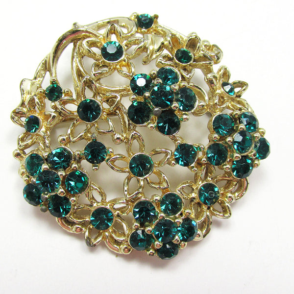 1950s Desirable Vintage Collectible Emerald-Green Diamante Floral Pin - Front