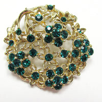 1950s Desirable Vintage Collectible Emerald-Green Diamante Floral Pin - Front - Thumbnail