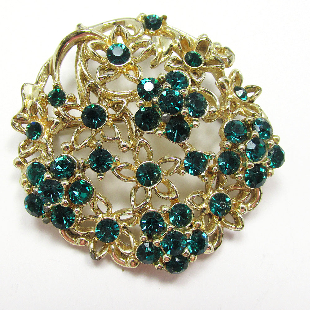 1950s Desirable Vintage Collectible Emerald-Green Diamante Floral Pin - Front