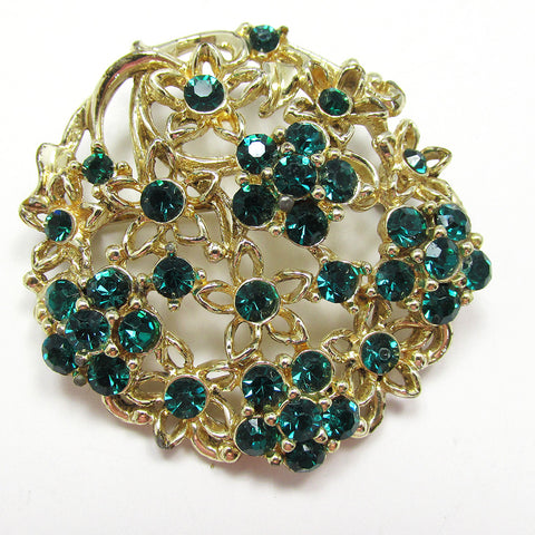 1950s Desirable Vintage Collectible Emerald-Green Diamante Floral Pin - Front