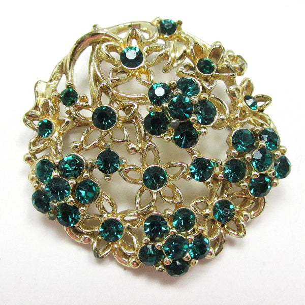 1950s Desirable Vintage Collectible Emerald-Green Diamante Floral Pin - Front