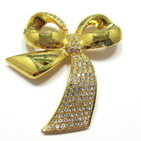 Vintage 1960s Bold Eye-Catching Sparkling Diamante Ribbon Bow Pin - Front - Thumbnail
