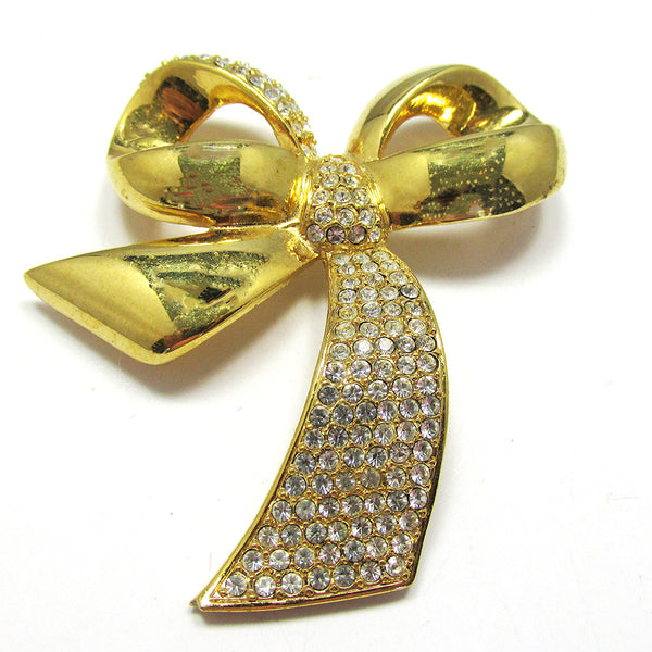 Vintage 1960s Bold Eye-Catching Sparkling Diamante Ribbon Bow Pin - Front