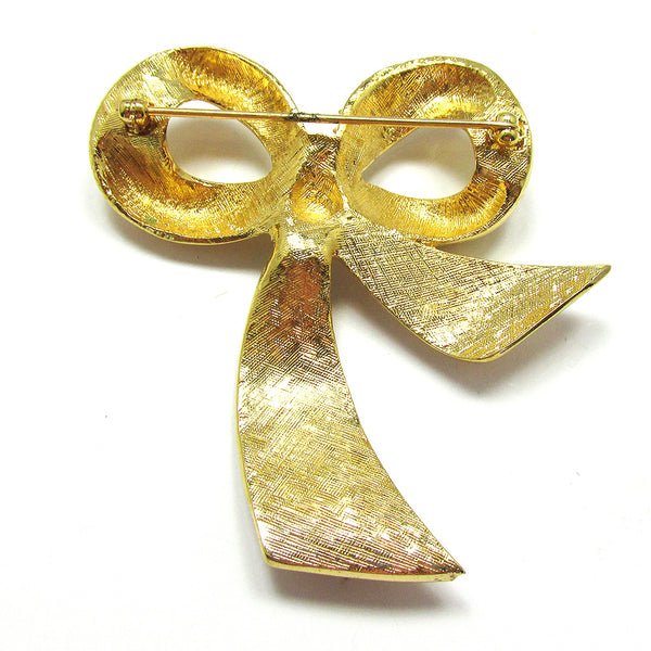 Vintage 1960s Bold Eye-Catching Sparkling Diamante Ribbon Bow Pin - Back