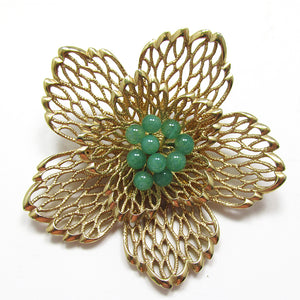 Marvella Signed 1950s Vintage Jade Bead and Gold Filigree Floral Pin - Front