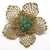 Marvella Signed 1950s Vintage Jade Bead and Gold Filigree Floral Pin - Front - Thumbnail