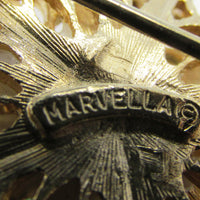 Marvella Signed 1950s Vintage Jade Bead and Gold Filigree Floral Pin - Signature - Thumbnail