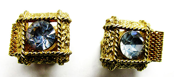 Vintage 1950s Men's Geometric Purple Rhinestone Gold Cufflinks - Front