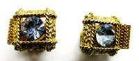 Vintage 1950s Men's Geometric Purple Rhinestone Gold Cufflinks - Front - Thumbnail
