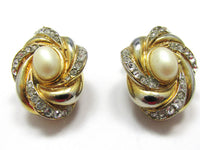 Sensational 1960s Vintage Pearl Cabochon and Diamante Earrings - Front - Thumbnail