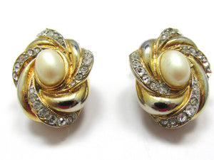 Sensational 1960s Vintage Pearl Cabochon and Diamante Earrings - Front