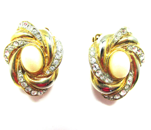 Sensational 1960s Vintage Pearl Cabochon and Diamante Earrings - Front