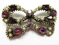 Vintage 1950s Mid-Century Unique Diamante and Pearl Bow Pin