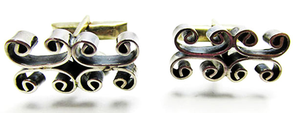 Signed Mexico Vintage 1960s Men’s Abstract Silver-Toned Cufflinks - Front