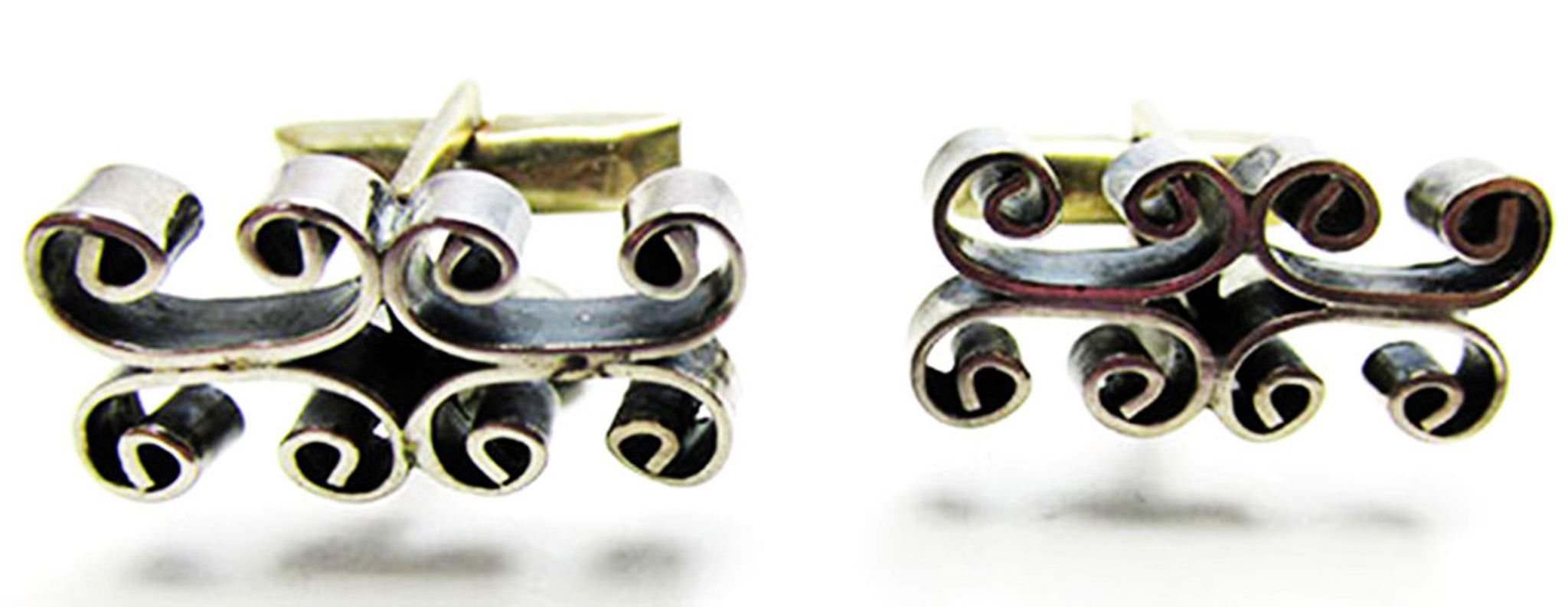 Signed Mexico Vintage 1960s Men’s Abstract Silver-Toned Cufflinks - Front