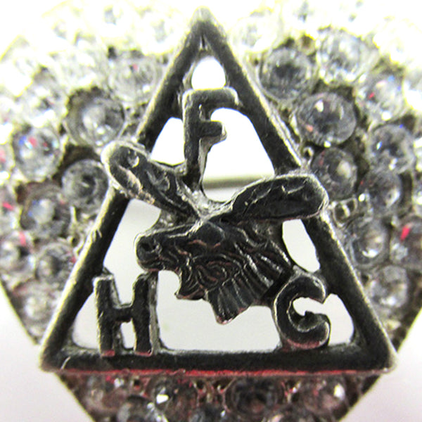 Signed Ora Vintage 1950s Diamante Loyal Order of Moose Heart Pin - Front Close Up 