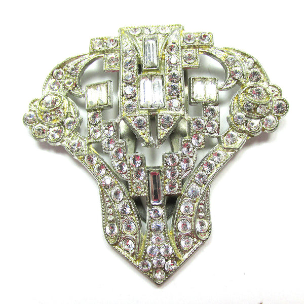 Dazzling 1930s Vintage Art Deco Style Clear Diamante Dress Clip - Front