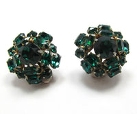Vintage 1940s Mid-Century Emerald Diamante Floral Button Earrings - Front - Thumbnail