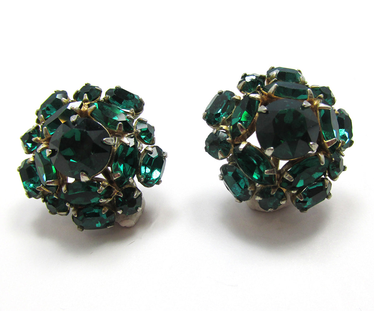 Vintage 1940s Mid-Century Emerald Diamante Floral Button Earrings - Front