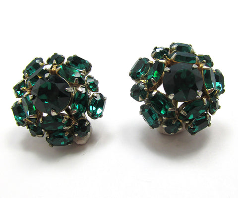 Vintage 1940s Mid-Century Emerald Diamante Floral Button Earrings - Front