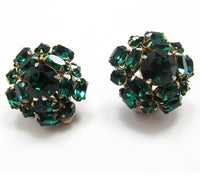Vintage 1940s Mid-Century Emerald Diamante Floral Button Earrings - Front - Thumbnail