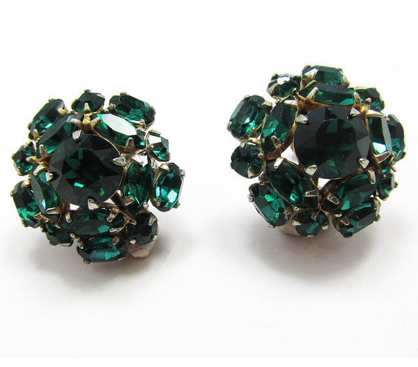 Vintage 1940s Mid-Century Emerald Diamante Floral Button Earrings - Front