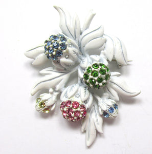 Vintage Signed Hollycraft 1950s Diamante and White Enamel Floral Pin - Front