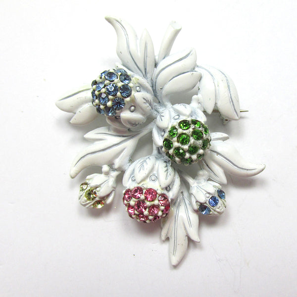 Vintage Signed Hollycraft 1950s Diamante and White Enamel Floral Pin - Front