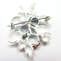 Vintage Signed Hollycraft 1950s Diamante and White Enamel Floral Pin - Back - Thumbnail