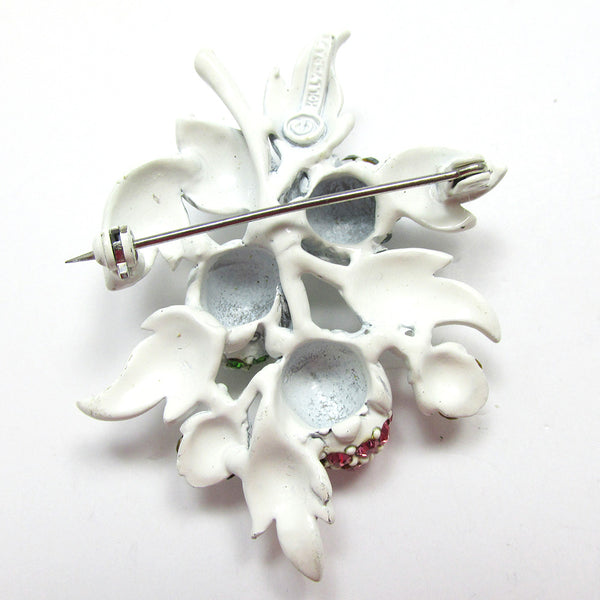 Vintage Signed Hollycraft 1950s Diamante and White Enamel Floral Pin - Back