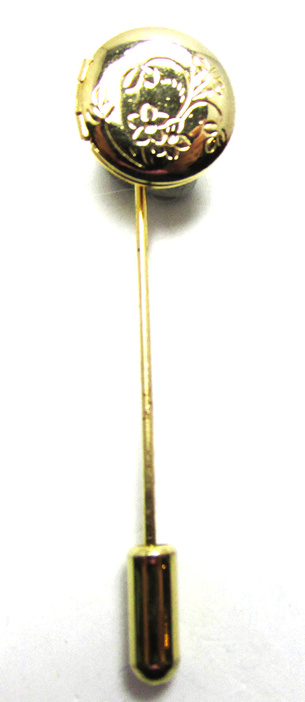 Vintage 1960s Adorable Gold-Tone Engraved Hat or Stick Pin Locket - Front