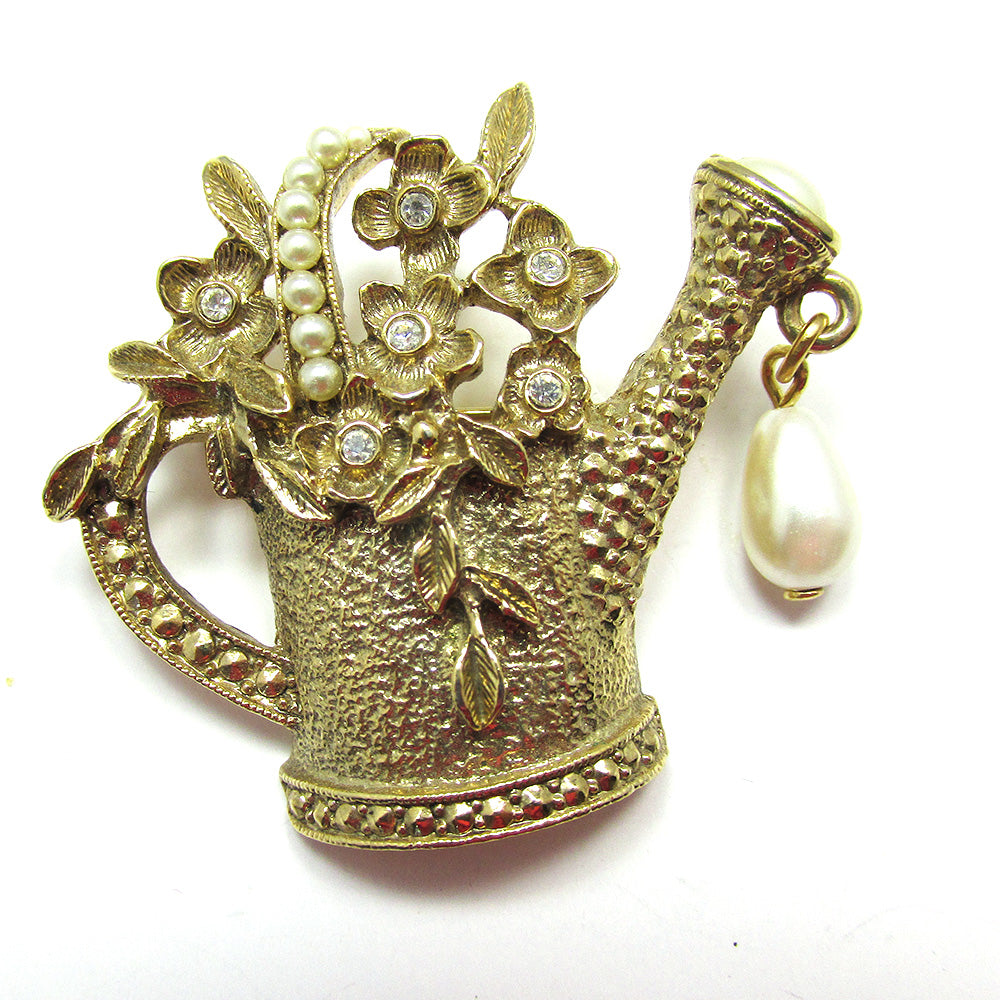 1960s Vintage Whimsical Diamante and Pearl Floral Watering Can Pin - Front