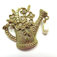 1960s Vintage Whimsical Diamante and Pearl Floral Watering Can Pin - Front - Thumbnail