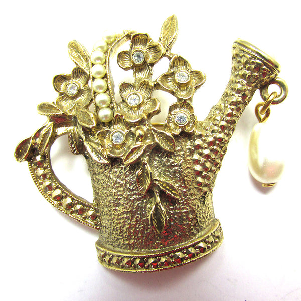1960s Vintage Whimsical Diamante and Pearl Floral Watering Can Pin - Front