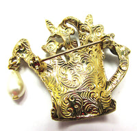 1960s Vintage Whimsical Diamante and Pearl Floral Watering Can Pin - Back - Thumbnail