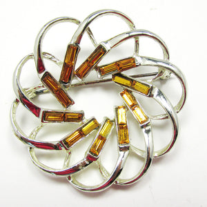 Bold Eye-Catching 1950s Vintage Citrine Diamante Swirl Pin - Front