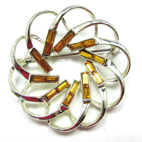 Bold Eye-Catching 1950s Vintage Citrine Diamante Swirl Pin - Front