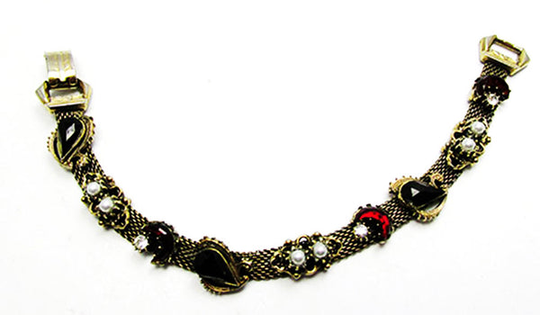 Vintage 1940s Red Rhinestone and Ivory Pearl Gold Mesh Bracelet - Front