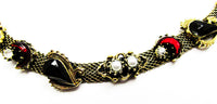 Vintage 1940s Red Rhinestone and Ivory Pearl Gold Mesh Bracelet - Close Up - Thumbnail