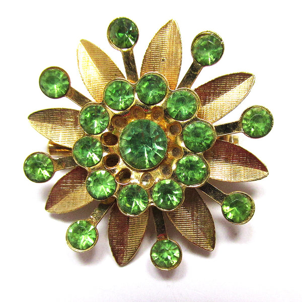 Distinctive Vintage 1950s Sparkling Peridot Diamante Floral Pin - Front