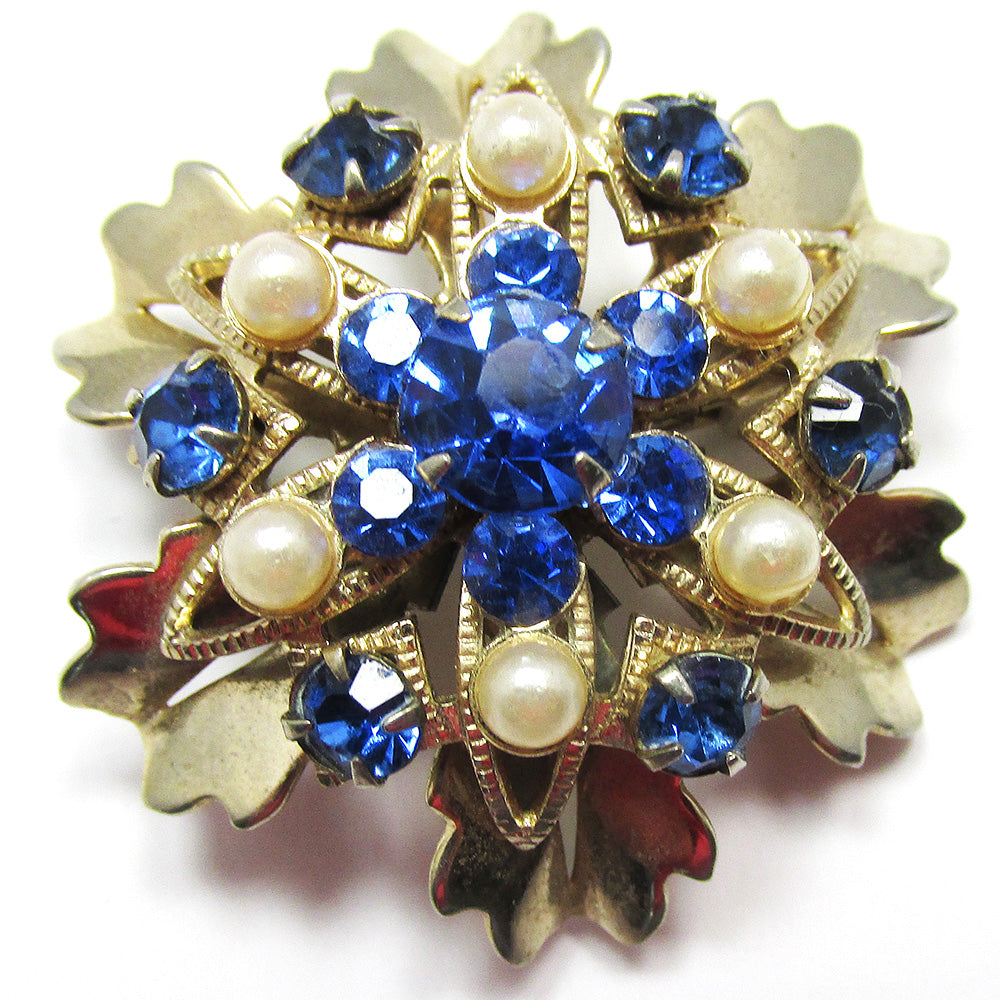 Timeless Dainty 1950s Sapphire-Blue Diamante and Pearl Floral Pin - Front