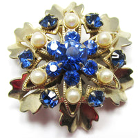 Timeless Dainty 1950s Sapphire-Blue Diamante and Pearl Floral Pin - Front - Thumbnail