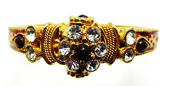 Vintage 1960s Clear and Ruby-Red Rhinestone Enameled Cuff Bracelet - Front