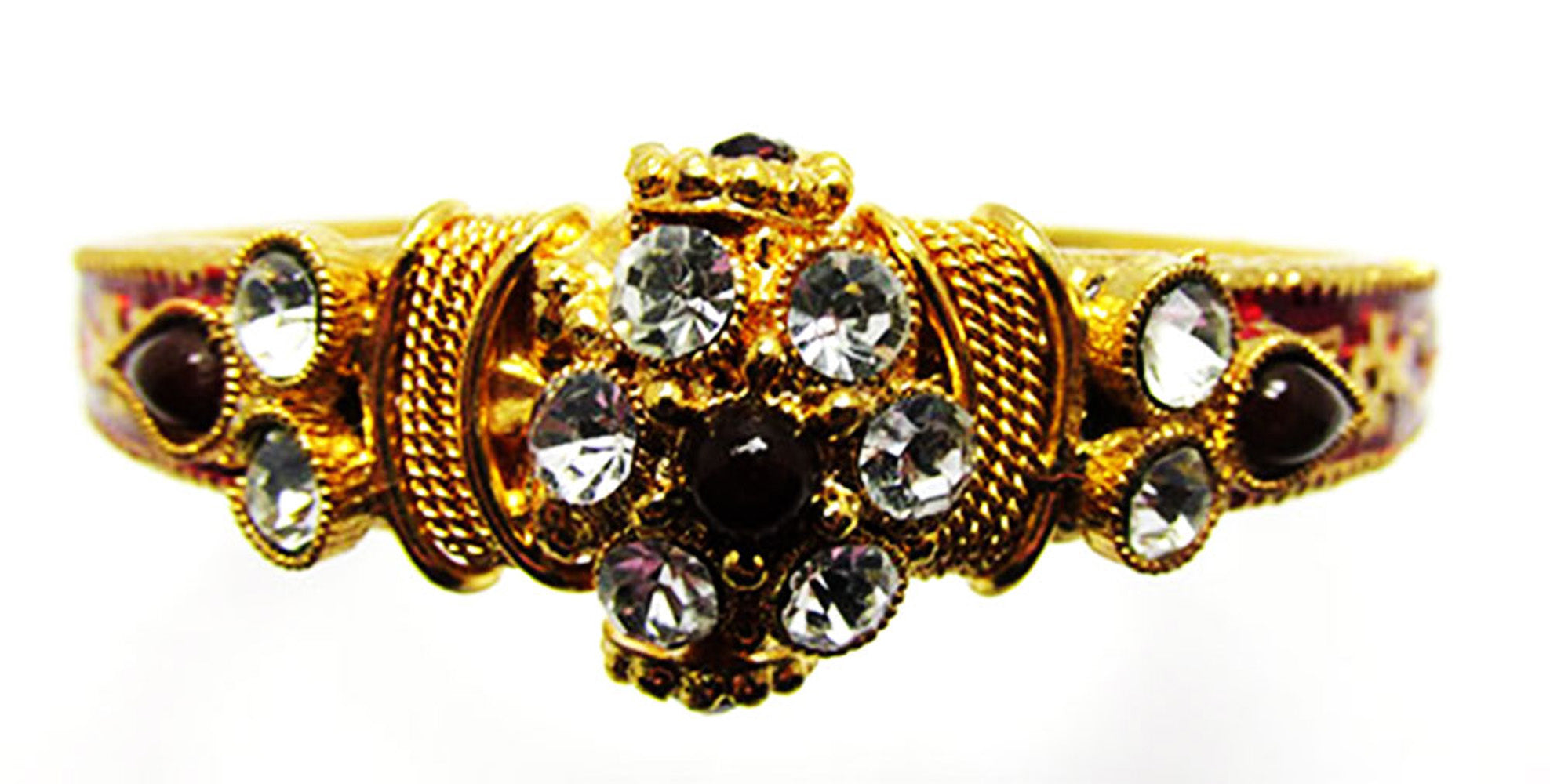 Vintage 1960s Clear and Ruby-Red Rhinestone Enameled Cuff Bracelet - Front