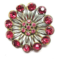 Striking Mid-Century 1950s Vintage Pink Diamante Floral Pin - Front - Thumbnail