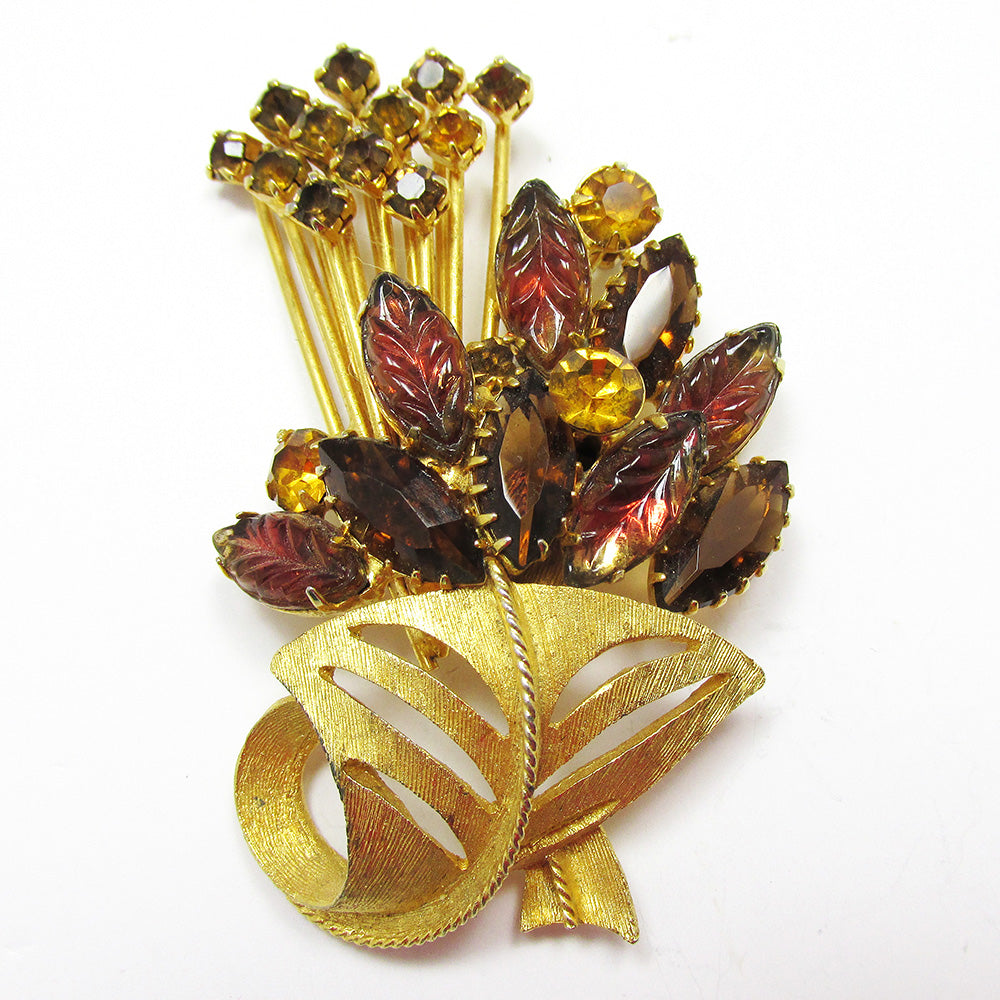 Striking Vintage 1950s Mid-Century Topaz Diamante Floral Spray Pin - Front